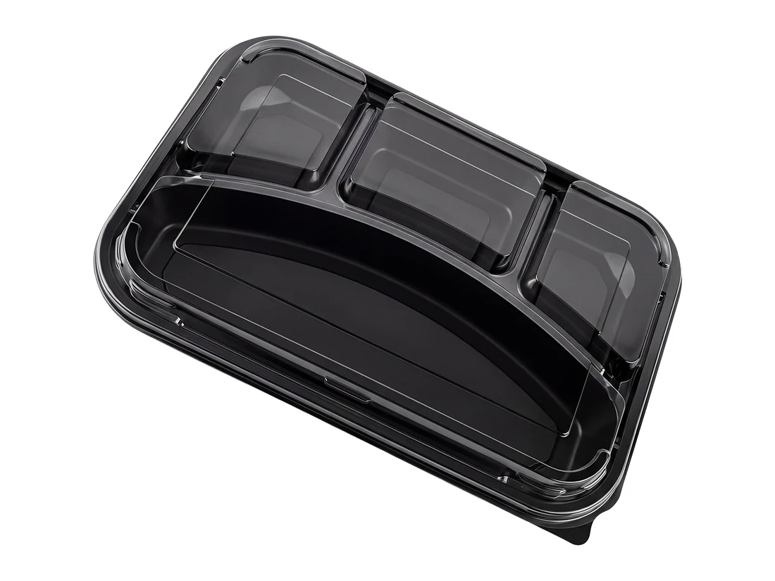 PP 4 Compartment Microwaveable Container Black - with Lid